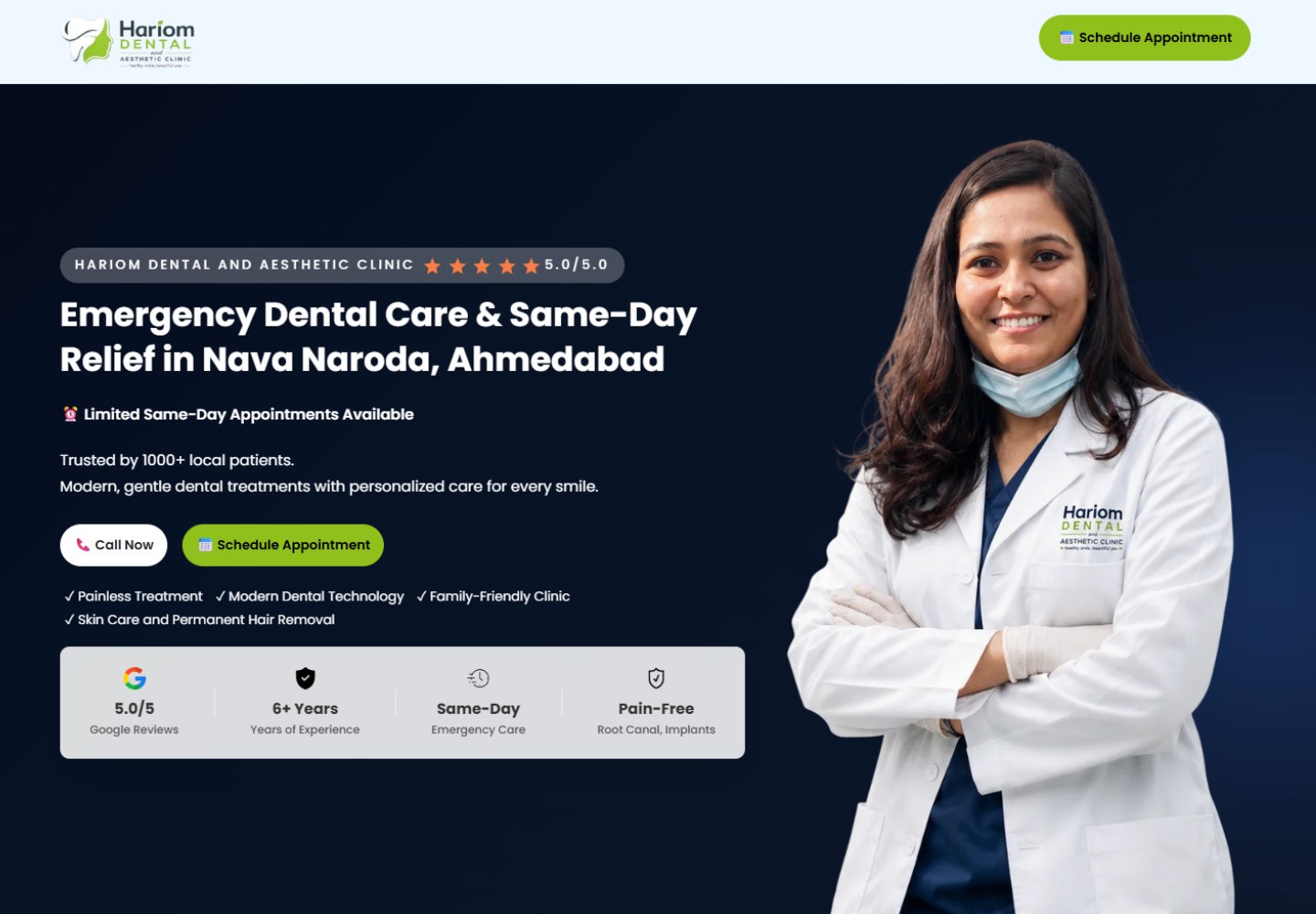 Homepage of the Hariom Dental and Aesthetic clinic website built by Thrive My Clinic